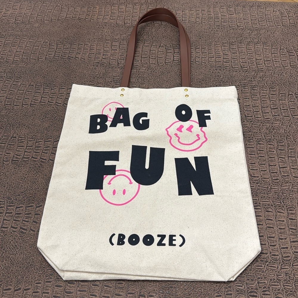 Bag of Fun Booze Tote Bag Canvas Smiley Face Graphic